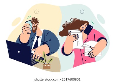 Business communication between man boss and woman secretary via mobile phone to discuss work plan. Businessman with laptop gives task to girl secretary holding pile of documents for doing paperwork