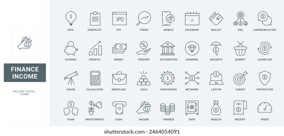 Business communication and bills, profit graph growth and interest, piggy bank for budget thin black and red symbols vector illustration. Money income, investment and wealth growth line icons set