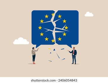 Business communication breakdown European Union. Symbol of misunderstanding, negotiation problems, miscommunication, argument. Crisis in EU. Flat vector illustration