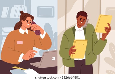 Business communication by phone call concept. Colleagues talking, speaking on telephone, asking for help. Woman and man employees, managers, office workers dialogue. Flat vector illustration