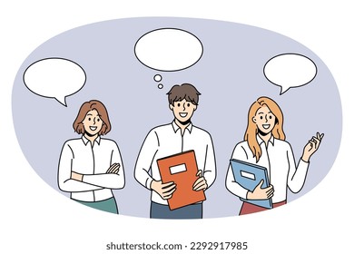 Business communication and chat concept. Group of young business people coworkers standing with documents with speech bubble above communicating vector illustration