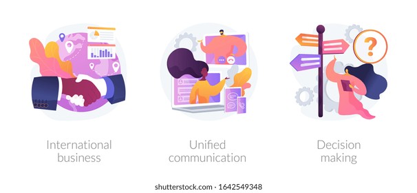 Business communication and collaboration, teamwork, partnership. International business, unified communication, decision making metaphors. Vector isolated concept metaphor illustrations.