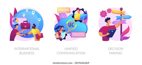 Business communication and collaboration, teamwork, partnership. International business, unified communication, decision making metaphors. Vector isolated concept metaphor illustrations.