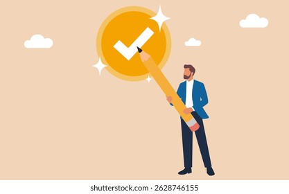 Conceito de comunicação de negócios com um personagem de empresário de desenho animado 2D segurando um lápis, simbolizando o sucesso ou concordar conceito
