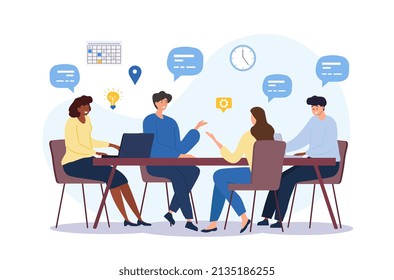 Business communication concept. Group of employees discussing idea at table. Brainstorming and company development, directors council or analytical department. Cartoon flat vector illustration