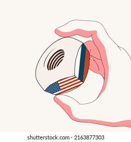 Business communication concept in industrial design. USA and Russia business cooperation. Hand holding 3D nut with national flags