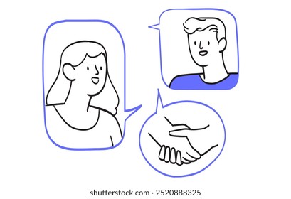 Business communication concept. Man and woman enter into deal online. Successful negotiations and collaboration. Modern technologies and digital world metaphor. Doodle line simple vector illustration