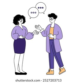 Business communication concept. A man and a woman in professional attire engage in a pleasant dialogue. Networking and idea exchange. Vector illustration.