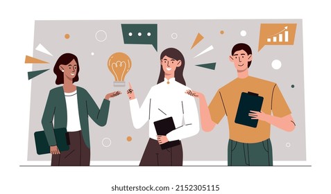 Business communication concept. Men and girls discussing ideas, brainstorming and overcoming mental impasse. Managers looking for way to develop organization. Cartoon flat vector illustration