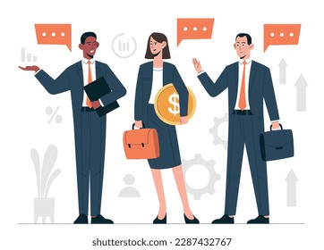 Business communication concept. Men and woman in suit with coin greet each other. Partnership, collaboration and cooperation. Board of directors discussing startup. Cartoon flat vector illustration