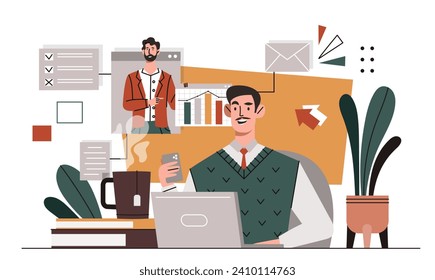Concepto de comunicación comercial. Trabajador y empleado remoto con gráficos y diagramas. Colaboración y cooperación. La gente trabaja al principio juntos. Afiche o pancarta. Dibujo vectorial plano de dibujos animados