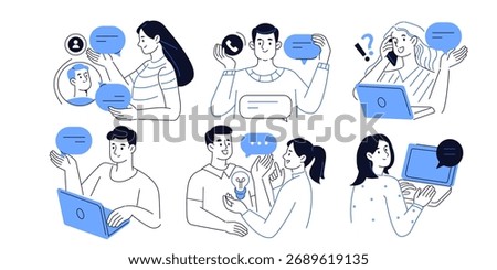 Business communication concept set. Collection of people working together, talking, collaborating in office and online. Teamwork, coworking, workplace interaction, remote work doodle illustration.