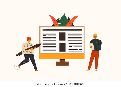 Business communication concept. Working together. Teamwork concept. Two business male characters standing with computer.