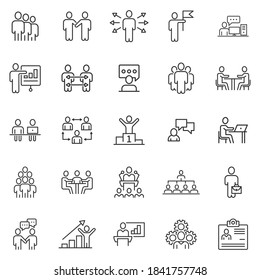 Business communication contour icon set in flat style. Team structure line vector illustration on white isolated background. Office teamwork linear stroke business concept.