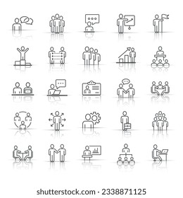 Business communication contour icon set in flat style. Team structure line vector illustration on white isolated background. Office teamwork linear stroke business concept.