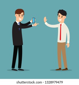 Business communication. Cooperation concept. Using phone in business. Information communication technology. Cartoon illustration isolated on background in flat style.