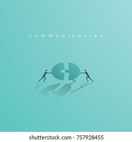 Business communication and cooperation vector concept with businessman pushing jigsaw speech bubble. Symbol of teamwork, collaboration. Eps10 vector illustration.