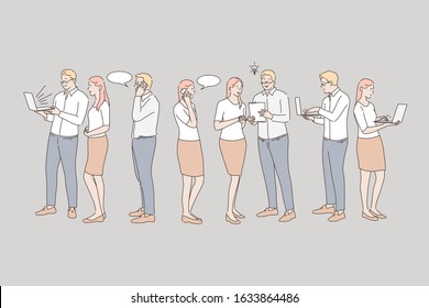 Business, communication, coworking set concept. Man and woman did teamwork and make brainstorming. Boy and girl do coworking on laptop. Business people communicate with each other. Simple flat vector