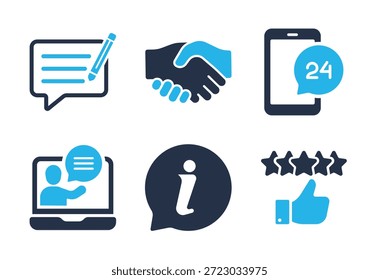 Symbolsatz für Geschäftskommunikation und Kundeninteraktion. Symbole für durchgezogene Symbolreihen