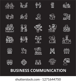 Business communication editable line icons vector set on black background. Business communication white outline illustrations, signs, symbols
