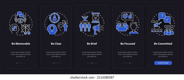 Business Communication Etiquette Nachtmodus auf dem mobilen App-Bildschirm. Exemplarische Vorgehensweise für 5 Schritte Seiten mit grafischen Instruktionen mit linearen Konzepten. UI, UX, GUI-Vorlage. Myriad Pro-kühne, Standardschriftarten verwendet