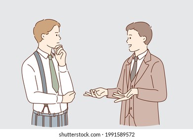 Business Communication and expertise concept. Young businessmen colleagues workers standing and talking discussing things chatting about problems communicating vector illustration 