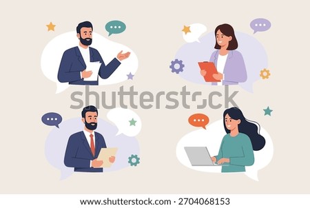 Business Communication and Feedback concept with professional people in speech bubbles