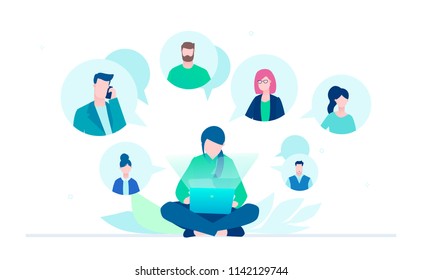 Business communication - flat design style illustration on white background. A young female worker sitting with a laptop chatting with her colleagues, partners. Perfect for your website, mobile apps