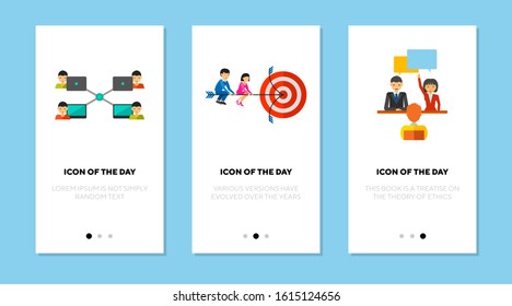 Business communication flat vector icon set. Businessman with laptop, target and arrow isolated outline sign pack. Business strategy concept. Vector illustration symbol elements for web design
