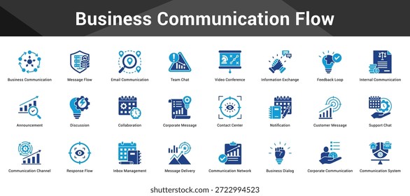 Flujo de comunicación empresarial Conjunto coherente de iconos vectoriales minimalistas que representan ideas clave con claridad visual