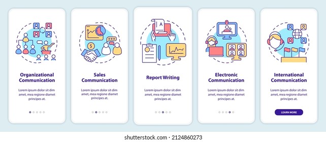 Business communication forms onboarding mobile app screen. Report writing walkthrough 5 steps graphic instructions pages with linear concepts. UI, UX, GUI template. Myriad Pro-Bold, Regular fonts used
