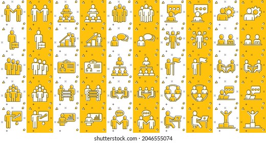 Business communication icon set in comic style. Team structure cartoon vector illustration on white isolated background. Office teamwork splash effect business concept.