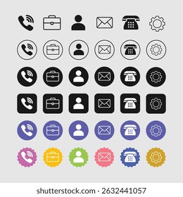 Business and Communication Icon Set Featuring 42 Line Art Symbols Representing Phone Briefcase Envelope Person Settings and Contact Options for Digital and Print Design