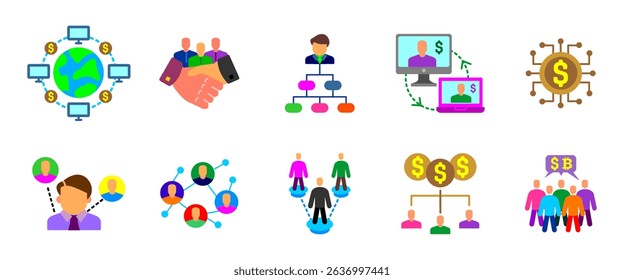 Business communication icon set. Network with global connections and financial teamwork vector illustration. Corporate interaction symbol. Digital economy sign. Marketing flow colorful pictogram.
