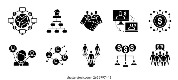 Business communication icon set. Network with global connections and financial teamwork vector illustration. Corporate interaction symbol. Digital economy black sign. Marketing flow glyph pictogram.