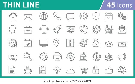 Conjunto de ícones de negócios e comunicação, símbolos vetoriais para produtividade e tecnologia, ilustrações de linha editáveis para design de interface do usuário, apresentações, aplicativos, sites, marketing, trabalho em equipe e visuais de estratégia profissional.