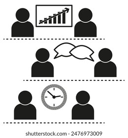 Business communication icons. Meeting, discussion, time management. Black and white. Vector graphic.