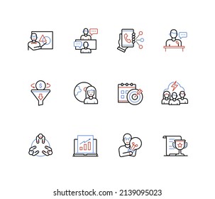 Business and communication - line design style icons set with editable stroke. Round table discussion, sales funnel, profit graph, speaker, good idea, brainstorming, teamwork, goal achievement reward