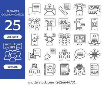 Conjunto de Ícones da Linha de Comunicação Comercial. Inclui 25 ícones vetoriais editáveis, como bate-papo, e-mail, chamada de voz, chamada de vídeo, reunião, webinar, compartilhamento de arquivos, anúncio, chatbot, discussão em equipe e muito mais.
