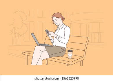 Business, communication, lunch, freelance concept. Young happy with a smile woman, businesswoman resting during breakfast. Successful girl, office worker or blogger. Online negotiations. Flat vector.