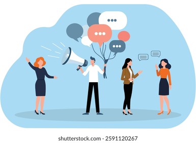 Business communication and marketing concept illustration. Teamwork, social media networking, public relations, and collaboration. People discussing ideas with speech bubbles and a megaphone.