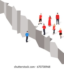 Business communication or negotiation problems, issues. Businessmen, workers of friends icons with gap between them. Eps10 vector illustration.