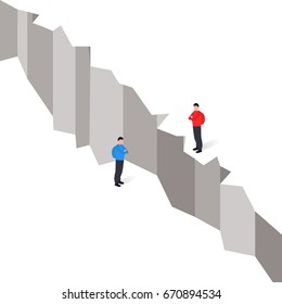 Business communication or negotiation problems, issues. Two businessmen icons with gap between them. Eps10 vector illustration.