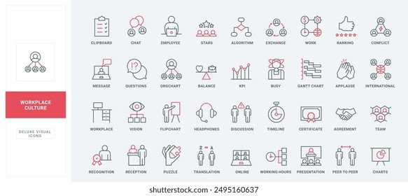 Business communication in office workplace, corporate company structure and organization, KPI line icon set. Workforce flowchart, employee thin black and red outline symbols vector illustration