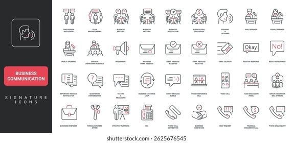 Business communication, people communicate on conference, send email line icon set. Messages of meeting, no and okay, question in speech bubbles thin black and red symbols vector illustration