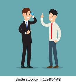 Business communication. Presentation business calling and connection. Using phone in business. Two businessman working in office. Cartoon illustration isolated on white background in flat style.