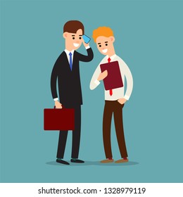 Business communication. Presentation business calling and connection. Using phone in business. Two businessman working in office. Cartoon illustration isolated on background in flat style.