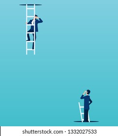 Business communication and problem in chain of command concept. Vector of boss looking down from a top to a employee climbing up from under the floor 