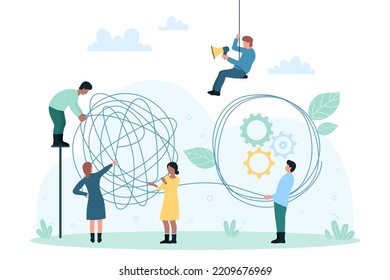 Business Communication, Rational Thinking In Problem Solving Vector Illustration. Cartoon Tiny People Holding Tangled Chaotic Tangle To Untangle Difficult And Complicated Task, Chaos In Thoughts