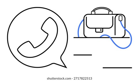 Comunicación empresarial, trabajo remoto, teletrabajo, tecnología, conectividad, eficiencia laboral. Icono de teléfono y maletín conectados por líneas. Comunicación empresarial y concepto de trabajo remoto